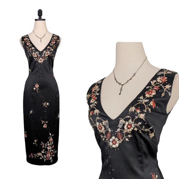 Y2K Mandalay Midi Dress Satin Gown 6 Black Orange Floral Guest Cocktail Glam - Picture 1 of 11